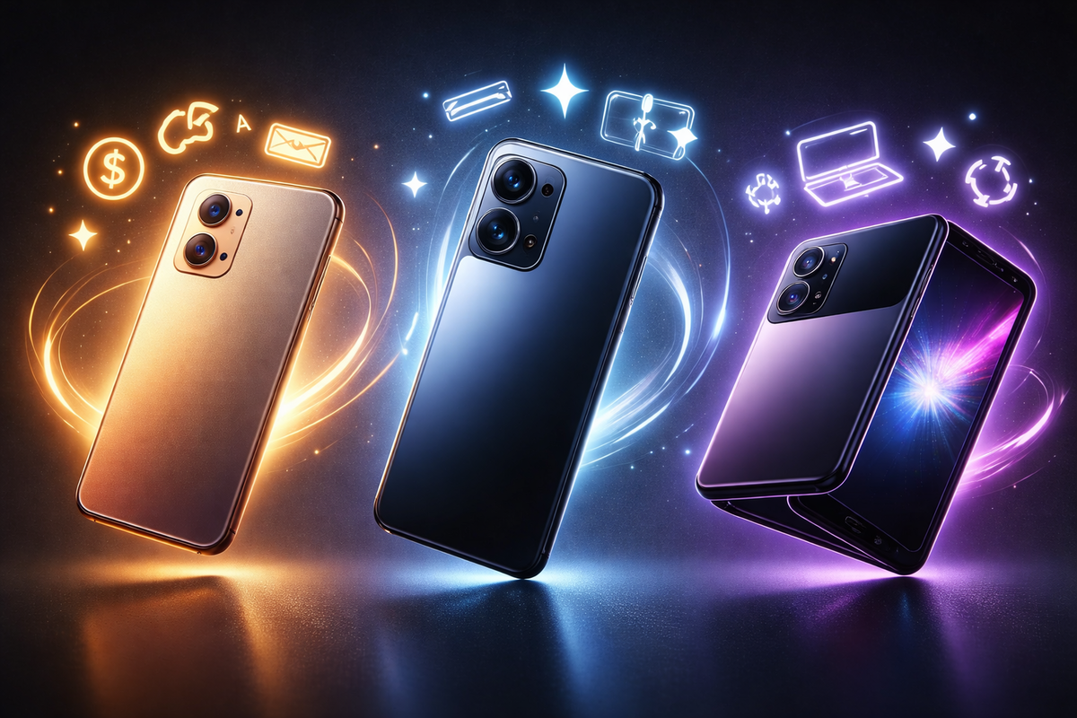 Three futuristic unbranded smartphones floating in neon orbit with trade-in and cashback icons—upgrade temptation, premium glow, “pick your best deal” thrill in one frame