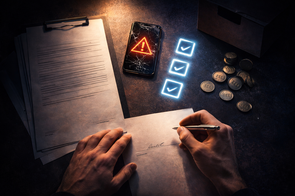 Contract papers beside a cracked phone flashing a red warning, checklist lights, and coins stamped “FEE”—hidden-charge dread, return-program traps exposed, serious money-saving alarm