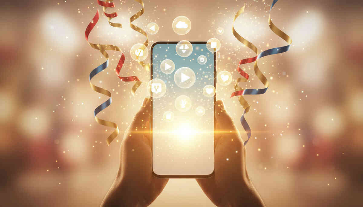 Hands lifting an unbranded smartphone in a confetti storm with bonus icons rising like fireworks—perk unlocked bliss, instant-win vibes, celebratory “I scored the deal” dopamine hit