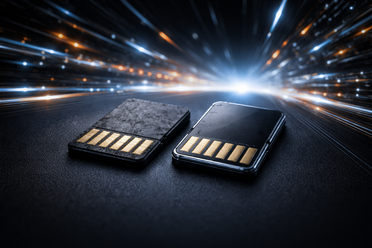 Old vs next-gen memory card side-by-side under blazing speed trails—future-proof upgrade thrill, instant performance hype, no-turning-back momentum