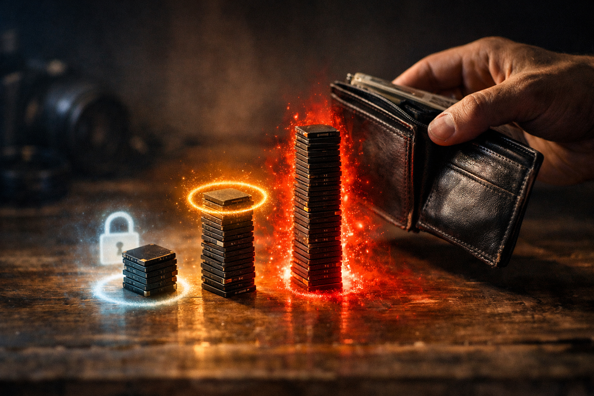 A wallet hovering over three chip stacks rising like a cost chart—burning price pressure, scarcity glow, painful choice moment, regret-avoidance energy