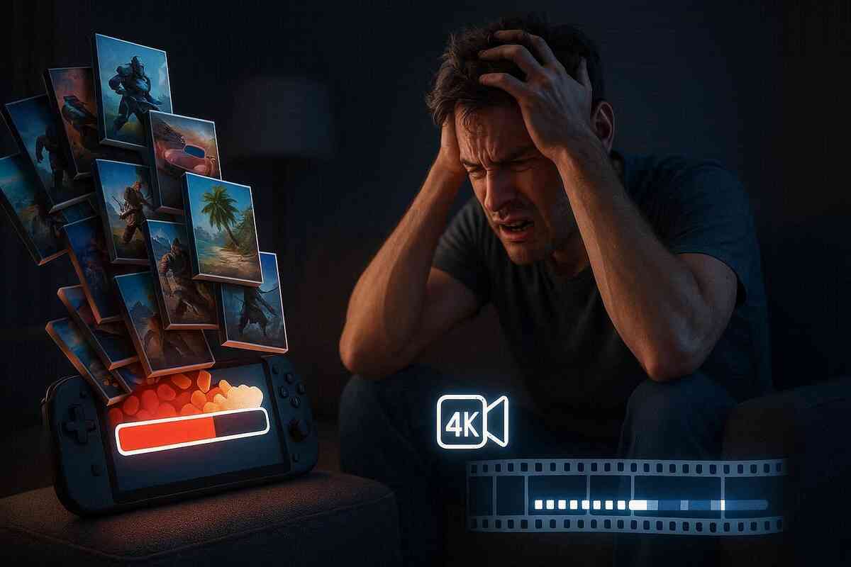 Stressed gamer clutching their head as a handheld console storage bar hits red—game tiles piling up, 4K recording pressure, looming data-overflow dread