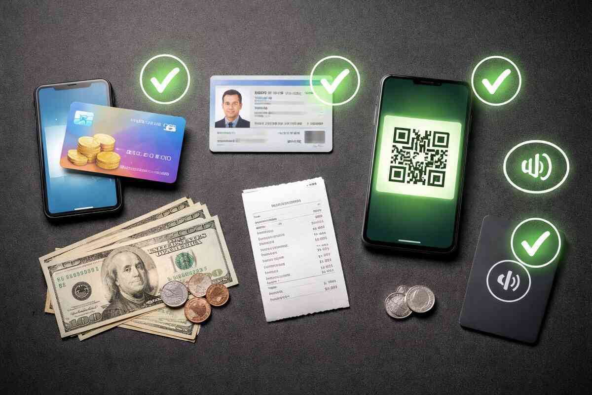 Must-have purchase kit laid out—ID, points card, QR payment, cash, receipt, green checkmarks everywhere—no-excuses readiness, calm confidence, “don’t get rejected” survival vibe
