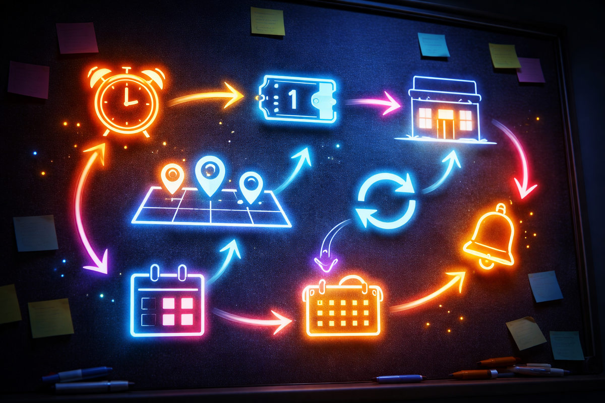 Neon strategy flowchart on a dark board—alarm clock → ticket → store route pins → restock loop → notification bell—high-stakes battle plan, dopamine-driven urgency, zero-fluff action energy