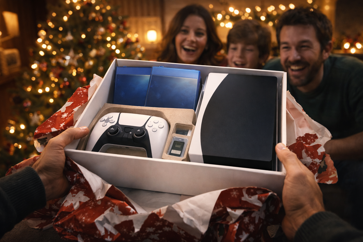 Family Christmas unboxing—hands revealing a generic console bundle with controller and accessories, faces lighting up behind the box, cozy bokeh joy, instant-core-memory magic