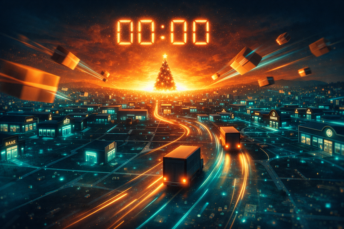 Citywide last-chance delivery rush—glowing roads, flying packages, speeding trucks, giant countdown clock over a Christmas tree horizon—deadline panic meets hope, “beat midnight” intensity