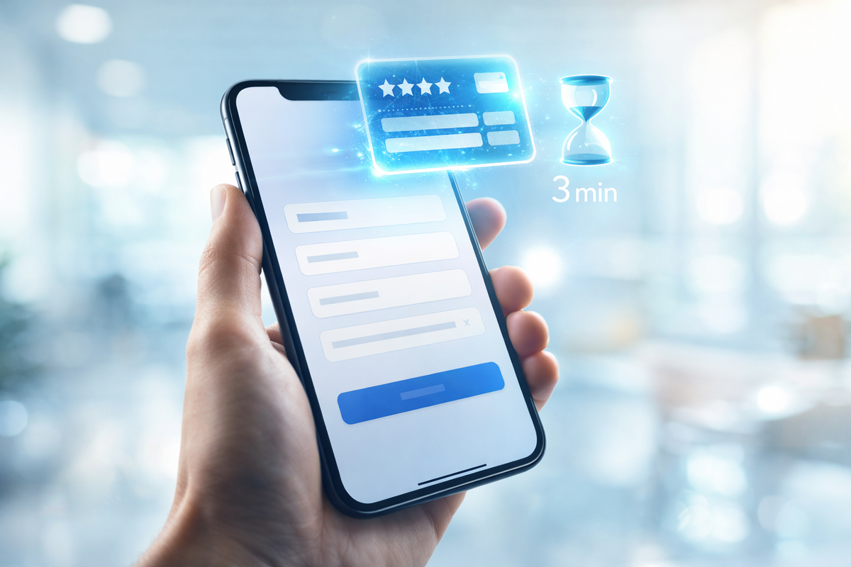 Phone signup screen with a glowing digital points card and hourglass—“3-minute” fast-track feeling, instant unlock momentum, relief-to-hype conversion energy