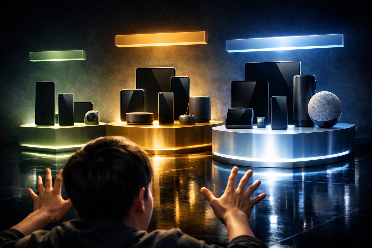 Three neon-lit podiums stacked with phones, tablets, and smart speakers as hands reach out in awe—upgrade temptation overload, choose your “best deal” winner, pure dopamine tech lust