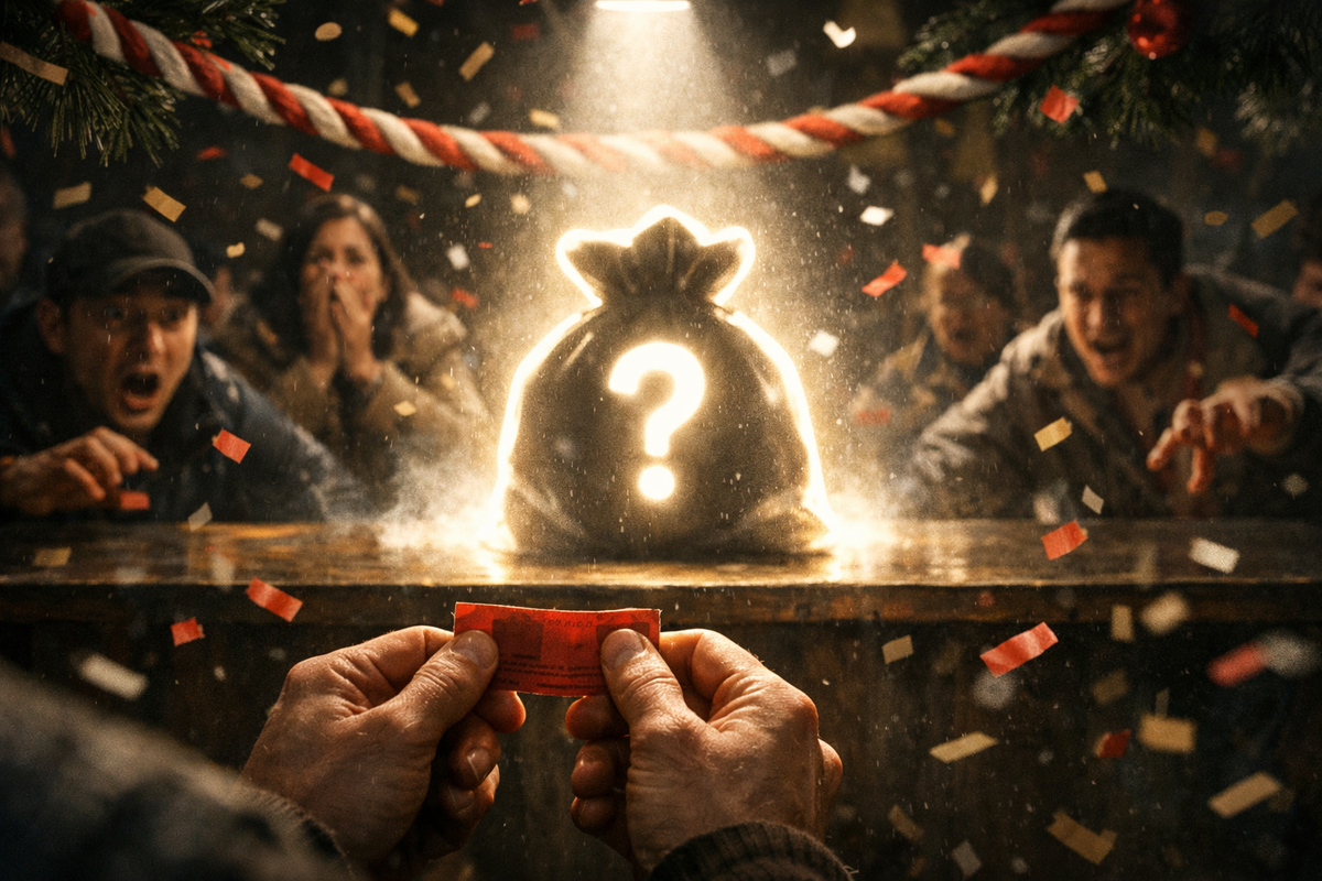 Confetti explodes around a glowing mystery gift bag with a giant question mark—ticket in hand, faces stunned—coupon lottery jackpot vibes, suspense, shock, and chaotic hype