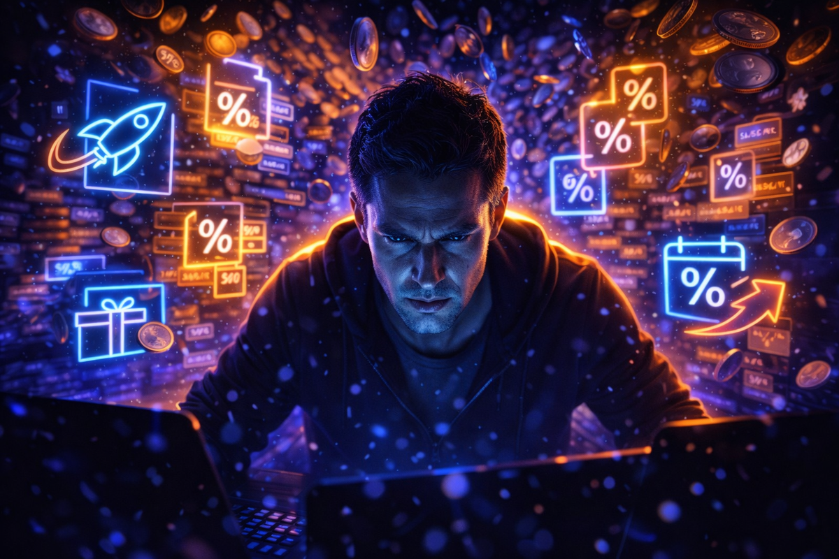 Intense deal hunter at a laptop as neon % icons, coins, gifts, and launch symbols swirl like a storm—obsessive coupon stacking, adrenaline savings chase, ruthless discount focus