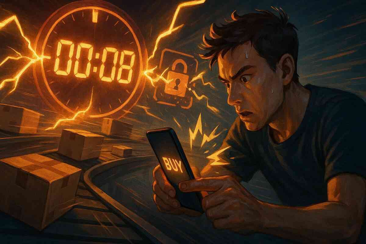 Sweat-soaked flash-sale sprint: a man grips a phone marked “BUY” as an 8-second countdown and locked icon crackle—scarcity panic, high-stakes checkout, do-or-die urgency