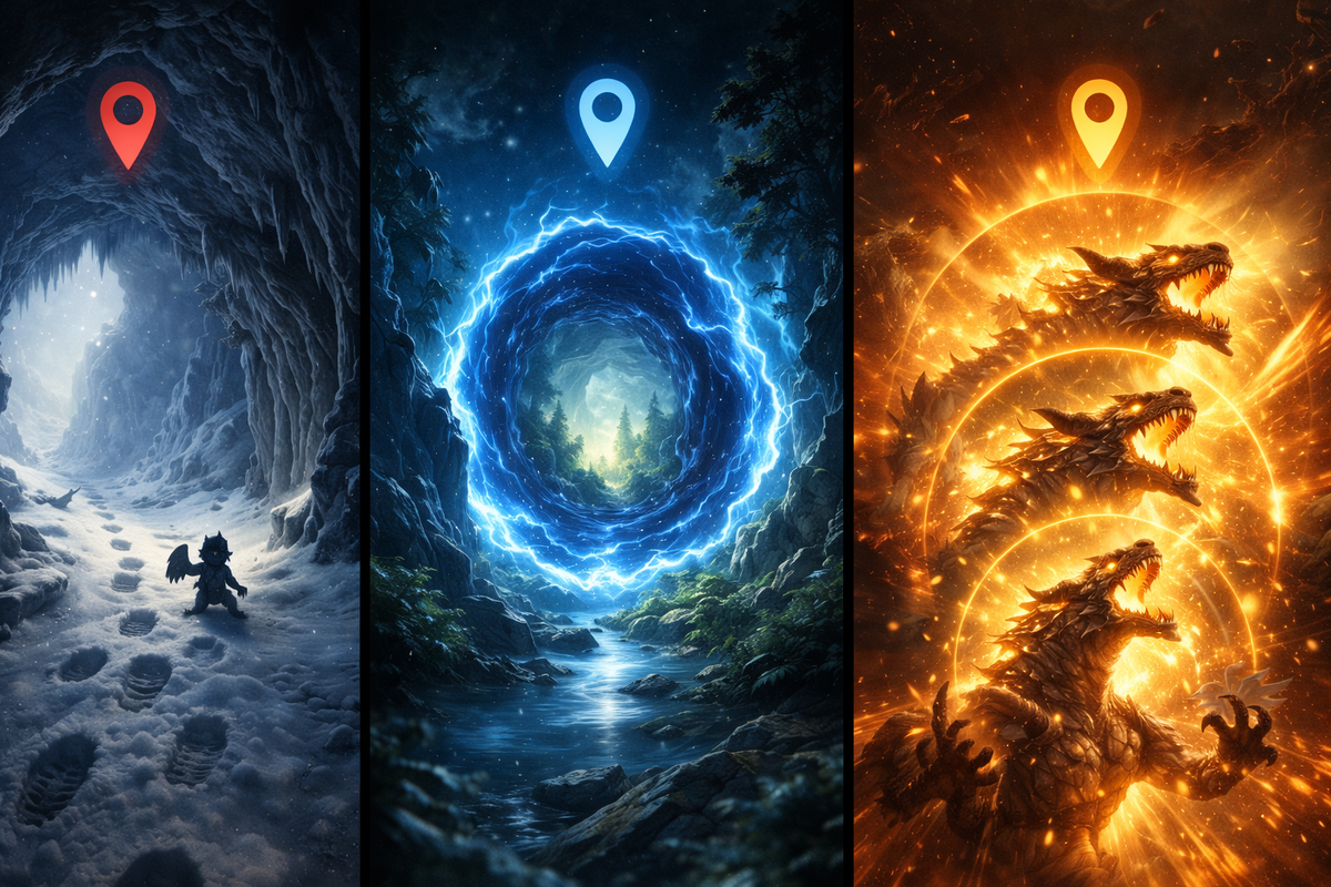Three-path capture map in one frame—snowy cave footprints, crackling blue rift portal, and blazing multi-dragon surge—choose your route, heart-pounding hunt, fate-on-the-line urgency