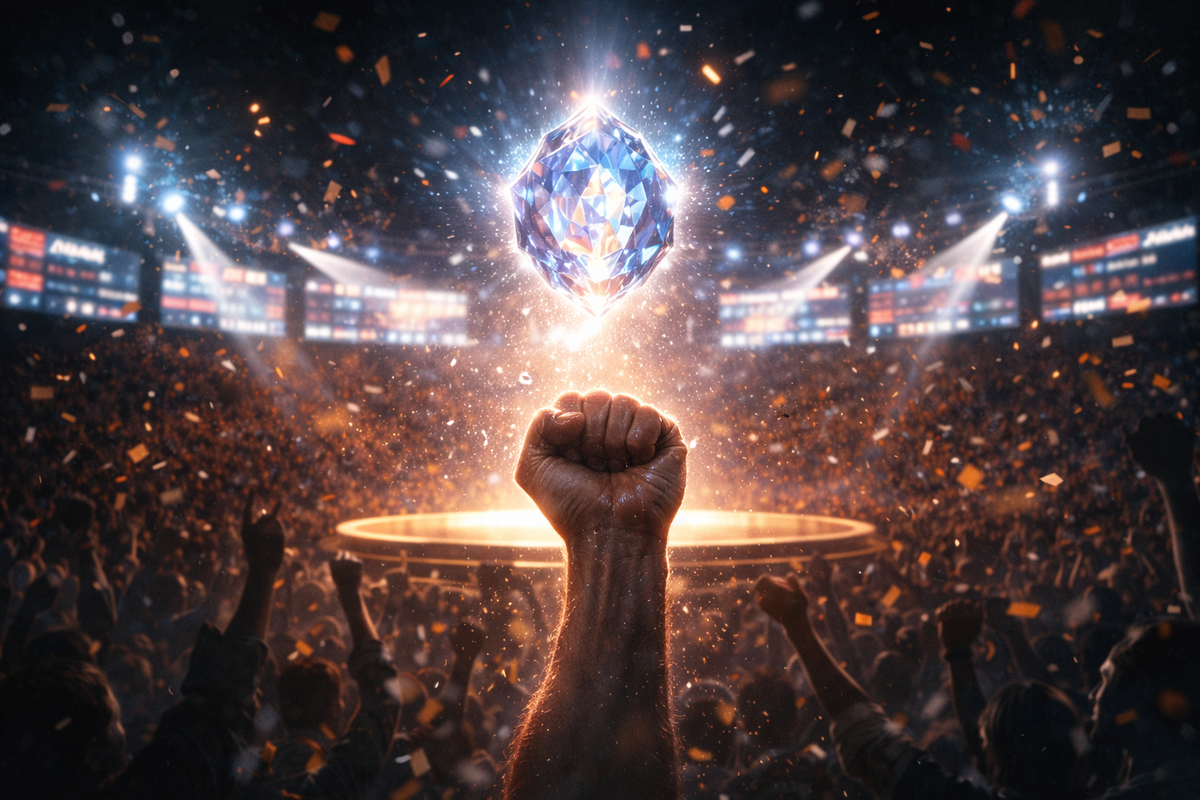 Stadium eruption with a clenched fist and a floating crystal trophy—confetti storm, roaring crowd, victory shock—ranked-reward hype, triumphant adrenaline, “I earned it” catharsis