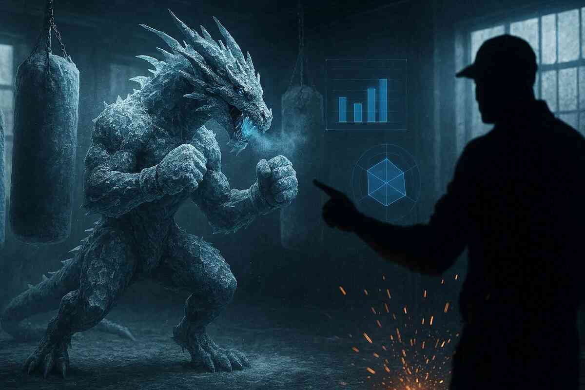 Gritty training room: ice-beast sparring under harsh light while a coach signals charts—cold discipline, relentless grind, terrifying improvement momentum