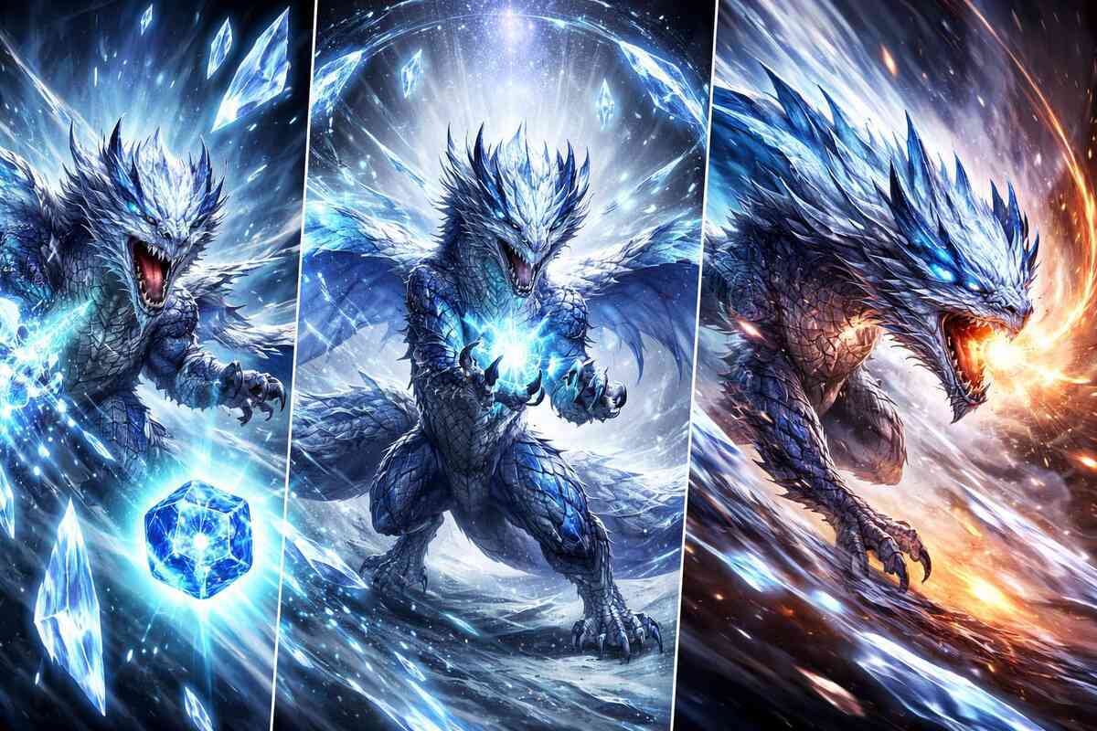 Triple-form ice-dragon battle montage—shards exploding, core energy charging, fireburst clash—pick your build, cinematic power rush, savage “one-hit swing” thrill