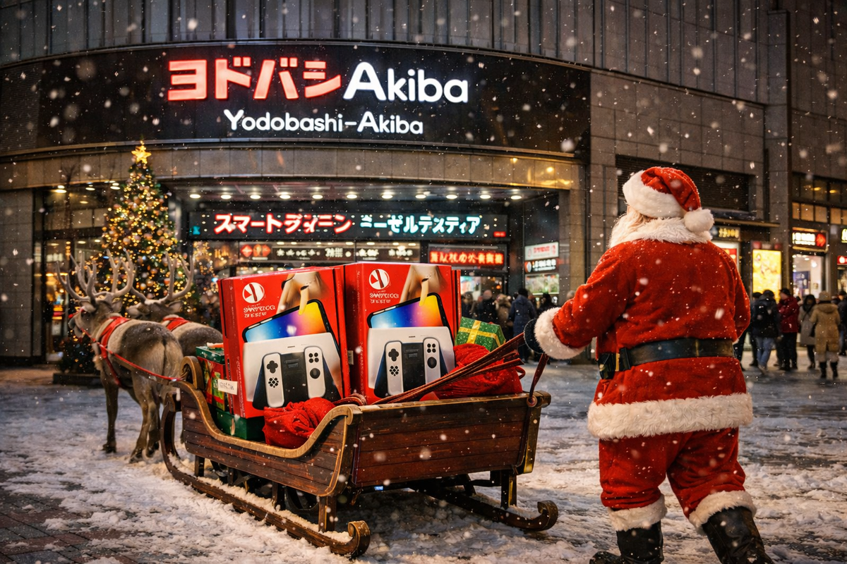 Santa lands in Akihabara—Nintendo sleigh loaded, snow swirling, shoppers spellbound.
