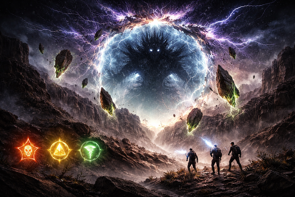 Apocalyptic dimensional rift storm in a canyon with a colossal shadow creature inside the portal—floating rocks and crackling lightning—pure dread, adrenaline surge, boss-hunt urgency