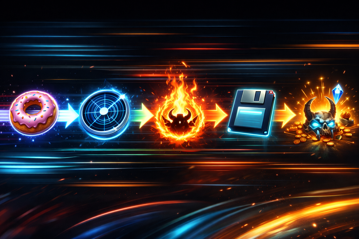 Neon speedrun pipeline icons—donut craft → rift radar scan → boss summon flame → backup save disk → skull loot burst—hyper-fast momentum, ruthless efficiency, 10-minute grind energy