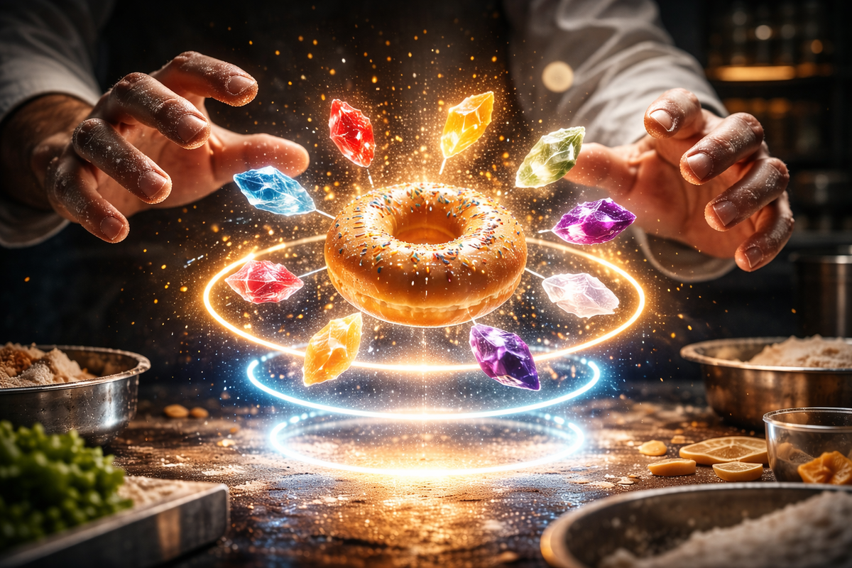 Hands conjuring a glowing power donut as colorful crystal ingredients orbit like magic—spark showers and sugar dust—obsessive recipe perfection, lucky-roll excitement, “Lv3 or reset” hype