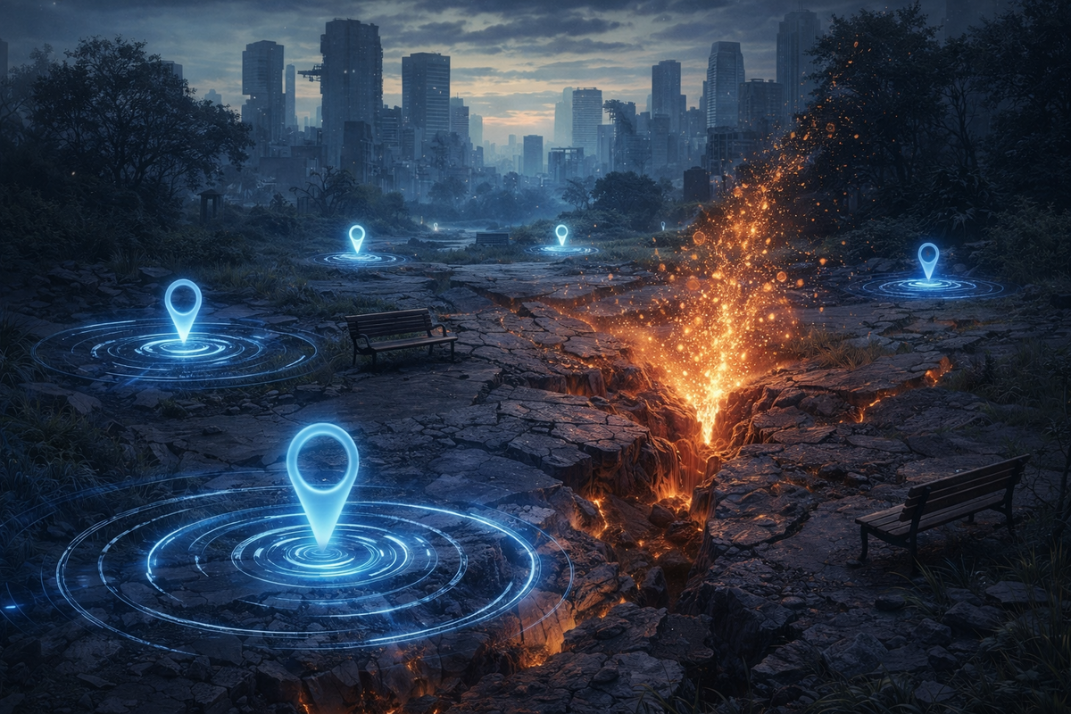 Stormy city-ruins wilderness with glowing location pins and a fiery rift cracking open the ground—benches and scan circles hinting time re-rolls—tense search, “where is it” panic, last-window urgency