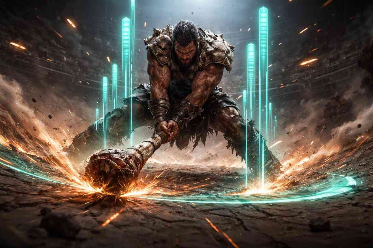 Ferocious bone-club warrior slamming the ground as holographic stat bars spike upward—sparks and dust exploding—savage double-damage fantasy, ranked-ready fury, unstoppable momentum