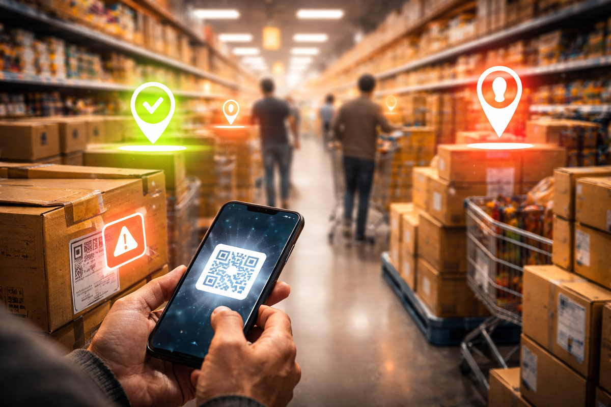 Phone scanning a QR-style code in a stacked warehouse aisle—glowing pins marking “in-stock” targets, green check vs red alert, the adrenaline rush of tracking a deal before it disappears