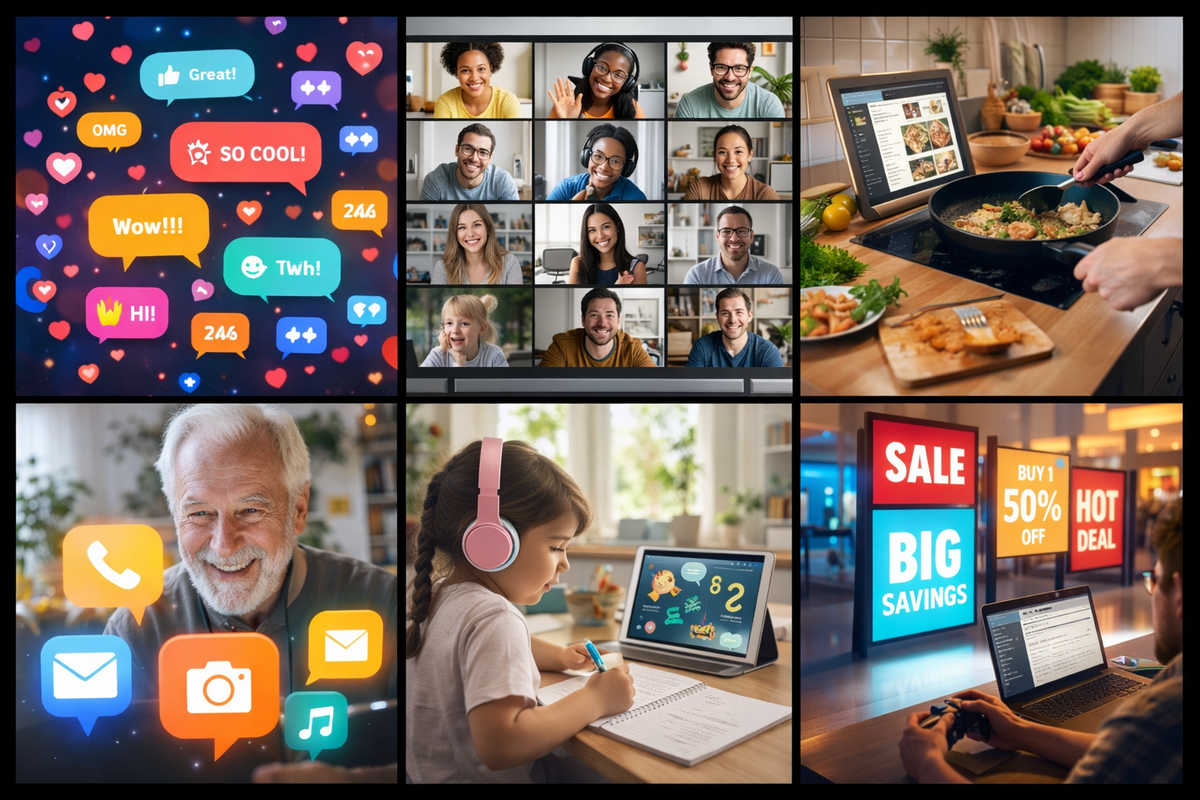 Lifestyle explosion collage—social reactions popping, group video calls, cooking with on-screen recipes, senior-friendly big icons, kids studying, and gaming + deal signs—messy, joyful, always-on momentum