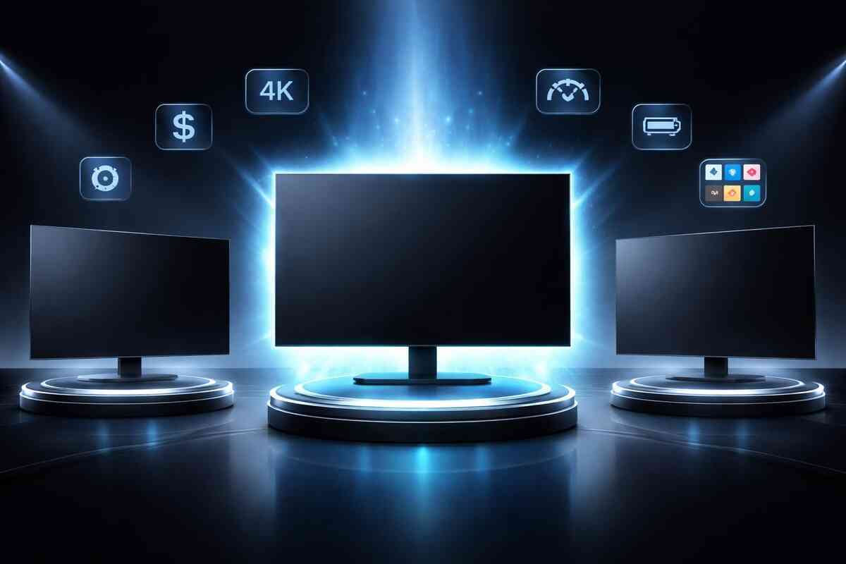Three unbranded big screens on neon podiums with floating icons for price, resolution, speed, and battery—final boss comparison showdown, heartbeat-fast “which one wins?” tension