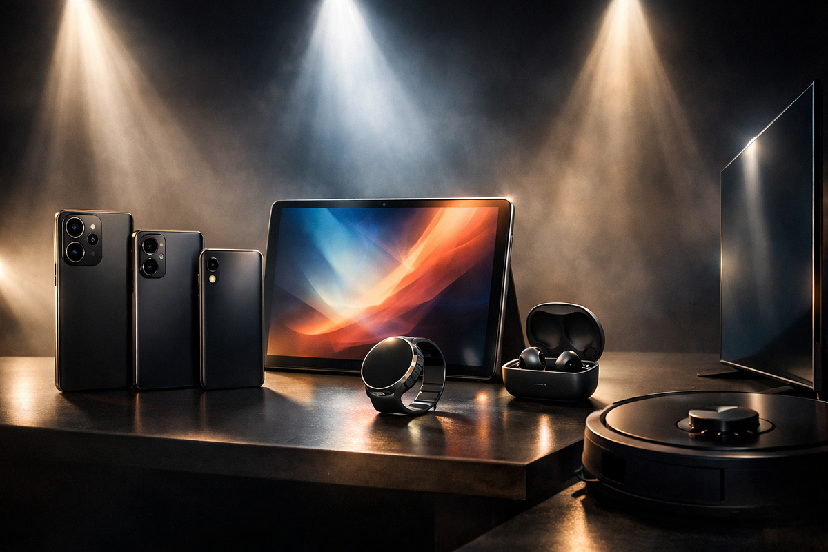 Spotlit lineup of sleek unbranded devices—multiple phones, big tablet, smart band, earbuds, TV edge, robot vacuum—premium stage vibe, irresistible “pick your winner” temptation