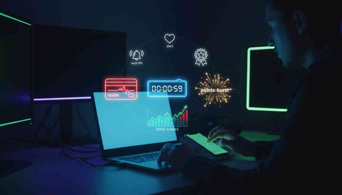 Late-night deal hunter at a laptop with neon watchlist alerts, countdown timer, price-history chart, and points-burst sparks—tense focus, heart-racing seconds-before-checkout energy