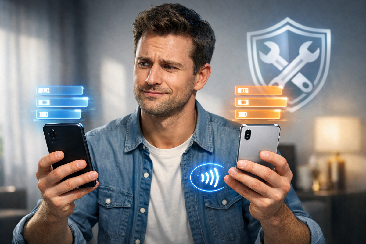 Buyer weighing two smartphones with floating spec bars, contactless icon glow, and a protection shield—skeptical-to-confident decision moment, “don’t get burned” clarity and relief