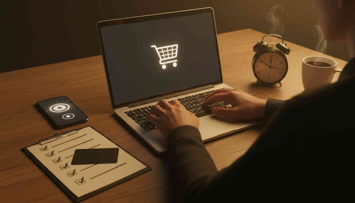 Night-before sale prep desk—shopping cart screen, checklist, credit card, alarm clock, coffee steam—quiet anxiety, laser-ready determination, “tomorrow I win” pre-drop tension