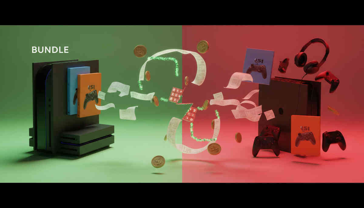 Green bundle vs red separate-buy split with flying receipts and coins—brutal price-gap reality check, satisfying “bundle wins” dopamine hit