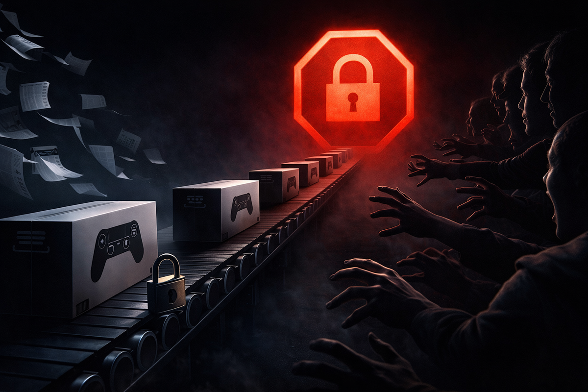 Factory conveyor of console boxes slammed by a giant padlock stop sign—end-of-production dread, hands reaching too late, chilling scarcity panic