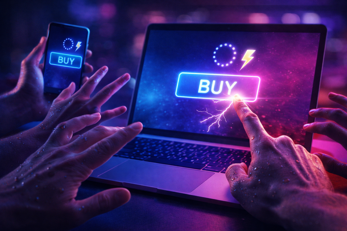 Multiple hands lunging for a neon BUY button on laptop and phone—lightning-fast drop chaos, heart-pounding urgency, one-tap or you lose frenzy