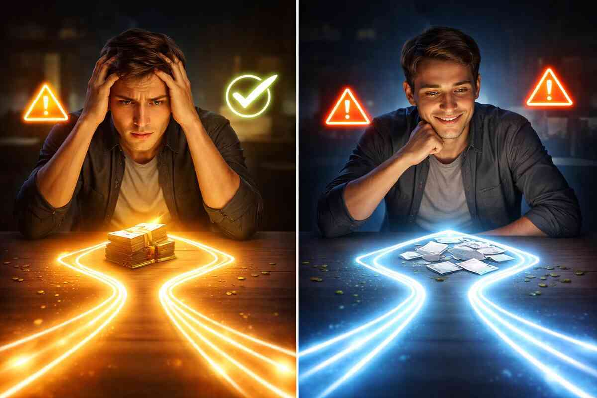 Two-path choice scene: stressed buyer vs calm winner—warning icons, money vs receipts—regret fear meets relief, decisive “choose the right buy” tension
