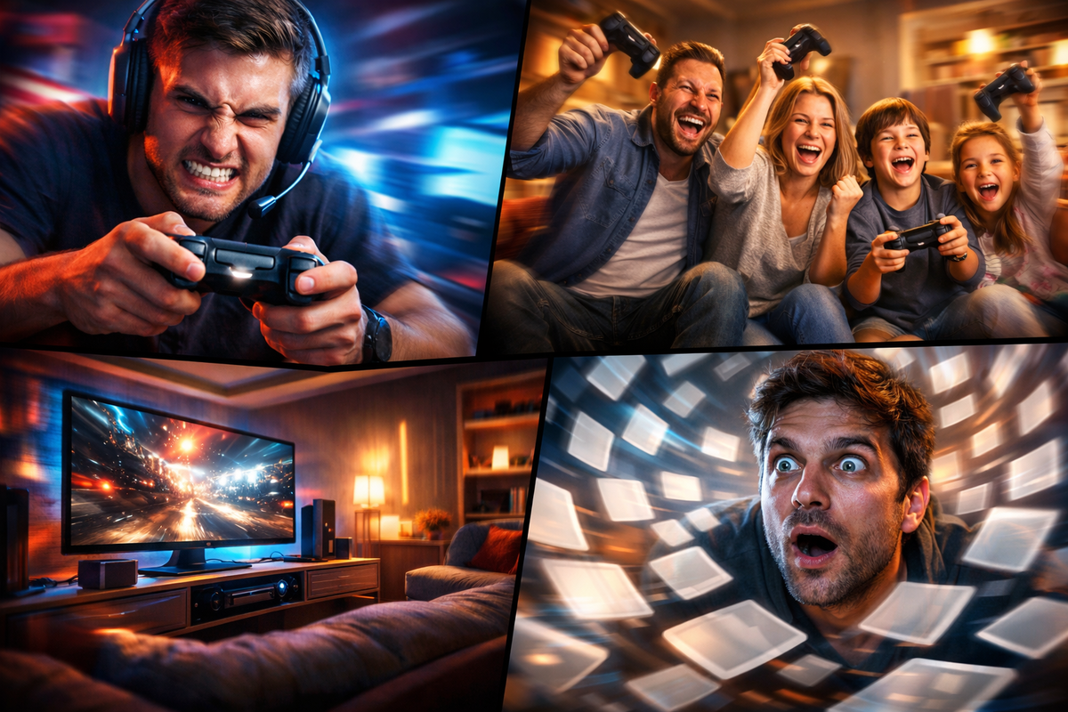 Explosive four-way gaming collage—rage-fueled competitive grind, family couch victory screams, cinematic living-room glow, and a stunned face drowning in endless download tiles—maximum hype, chaos, and FOMO