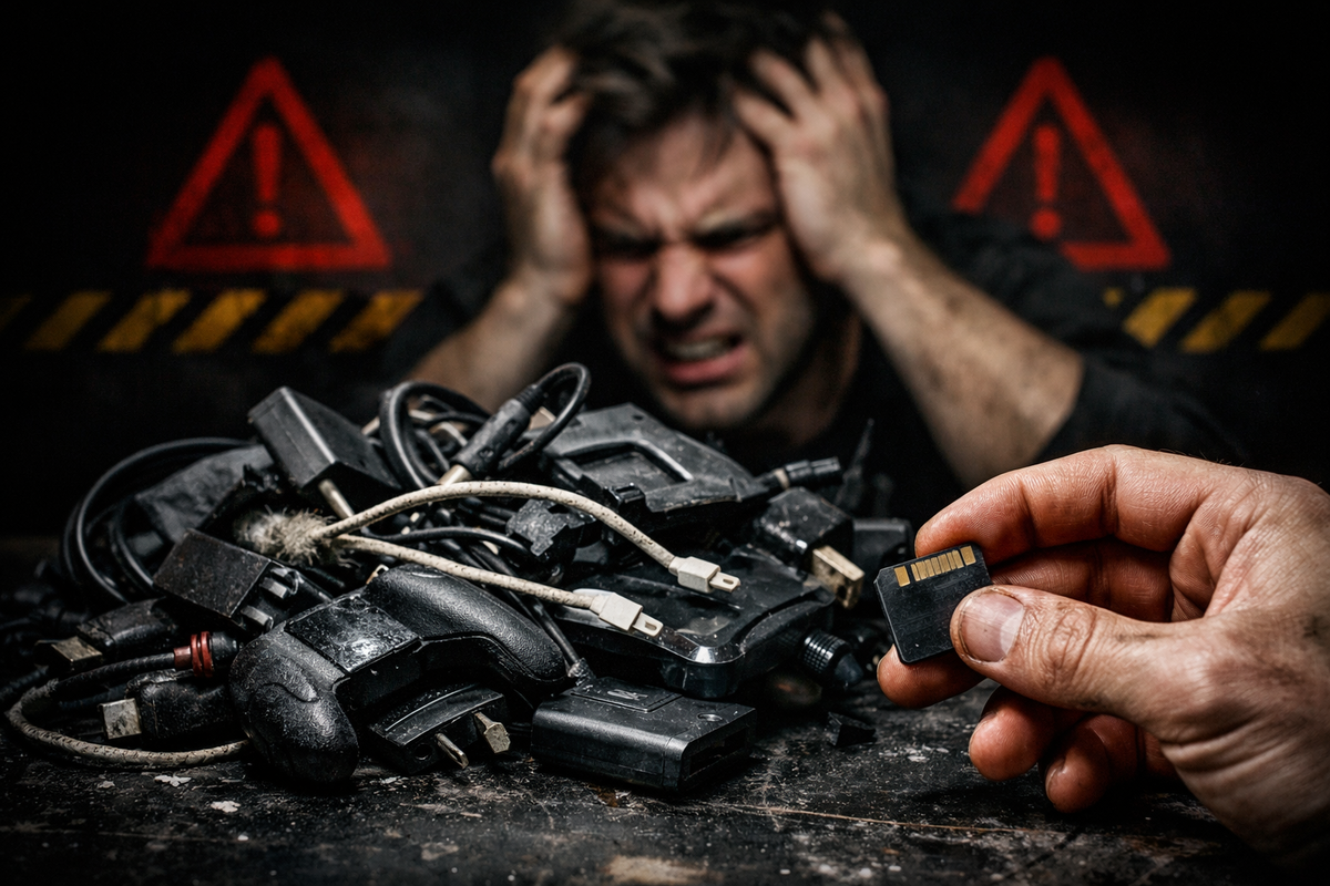 Dirty pile of sketchy cables and knockoff accessories with a tiny memory card in hand—warning triangles behind a head-in-hands meltdown, “don’t waste money” dread and frustration