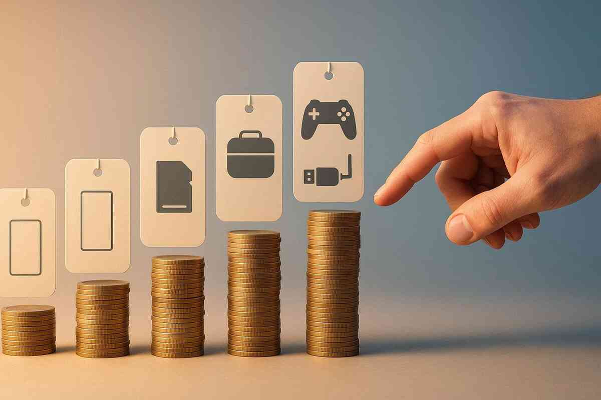 Rising stacks of coins under minimalist accessory tags—budget ladder from bare minimum to fully loaded setup, a fingertip choosing the next upgrade with bold, satisfying momentum