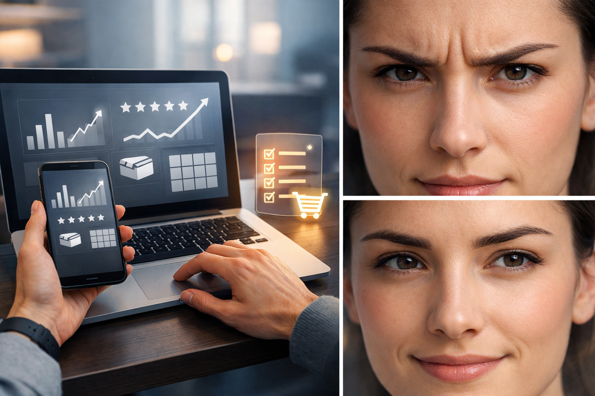 Shopping dashboard on laptop and phone—ratings, charts, and checklist icons beside a hard skeptical stare turning into a confident smirk—trust issues, smart picks, and “buy with zero regret” energy