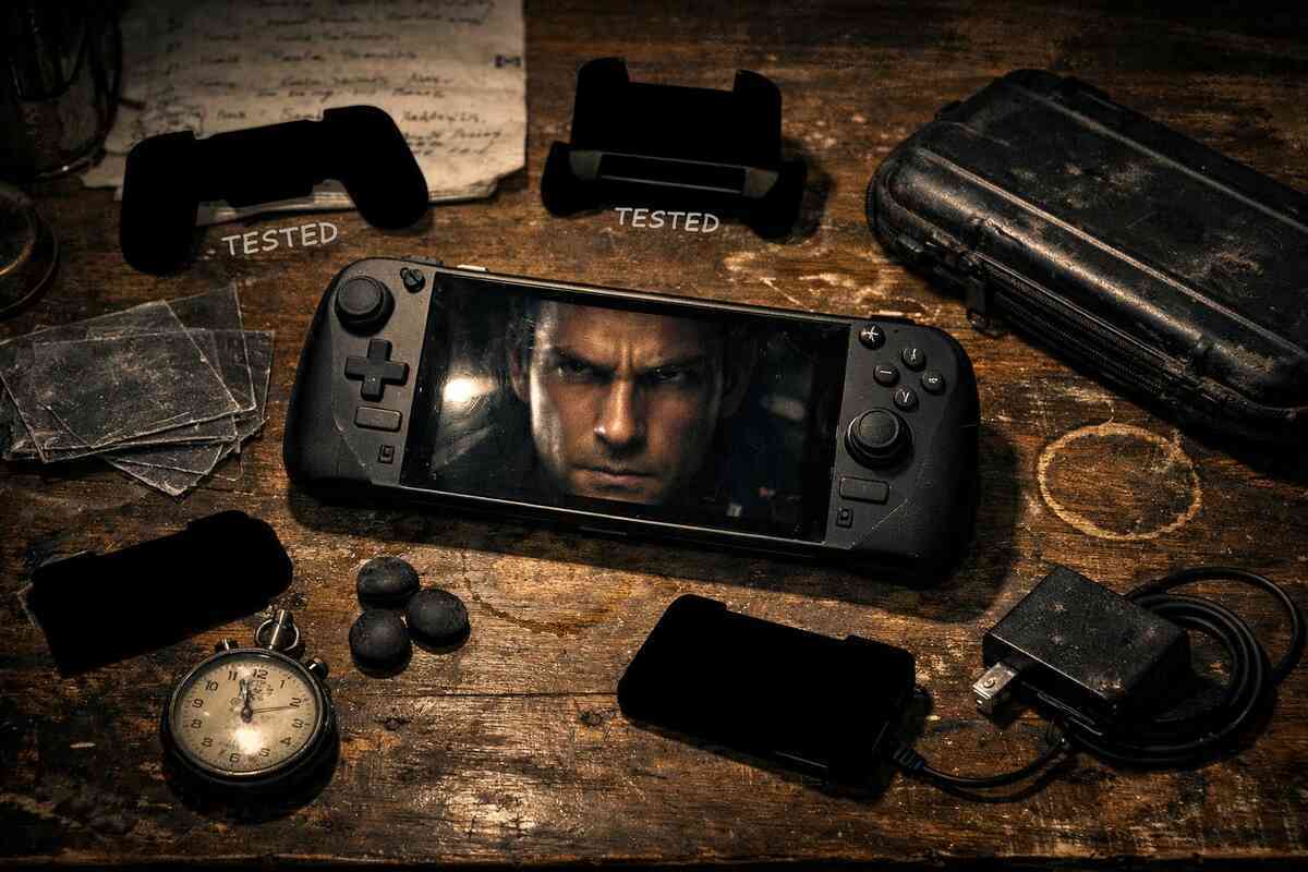 Gritty “real testing” workbench—scuffed handheld, battered carry case, worn gear, stopwatch tension, and a relentless reflection in the screen—battle-proven essentials, no-BS credibility