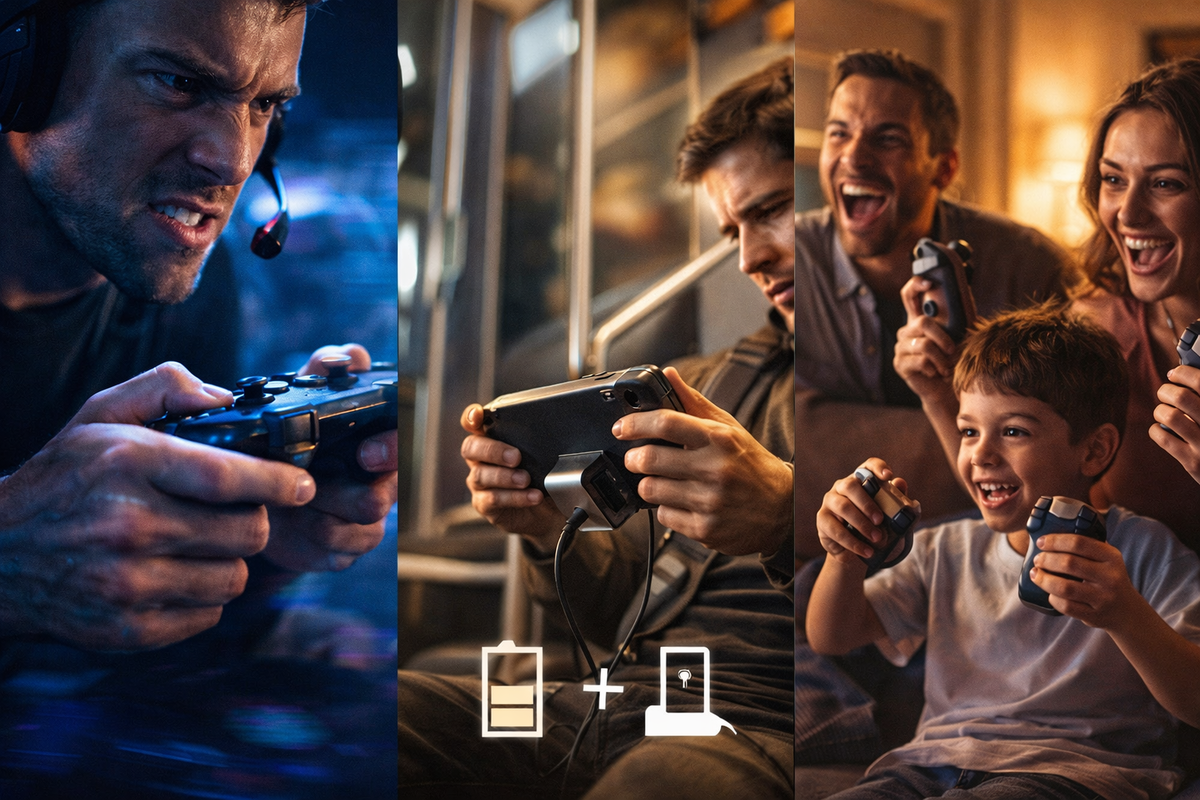 Three playstyles collide—rage-fueled competitive grinder, exhausted commuter gaming on the move, and a family erupting in couch-side victory; pure adrenaline, chaos, and FOMO about choosing the right gear