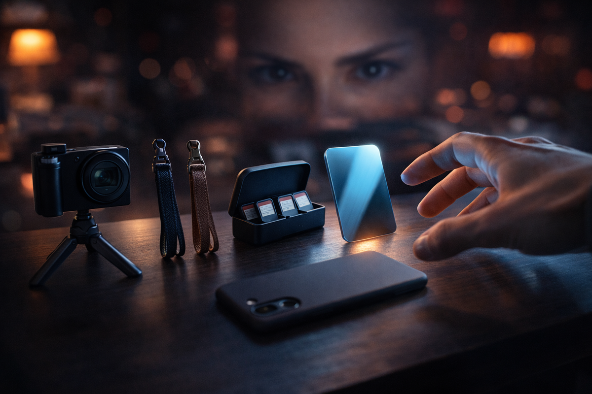 Midnight upgrade temptation—camera, wrist straps, game-card vault, blue-light shield, and protective cover lined up like forbidden loot; hungry curiosity, impulsive reach, “I need this next” hype