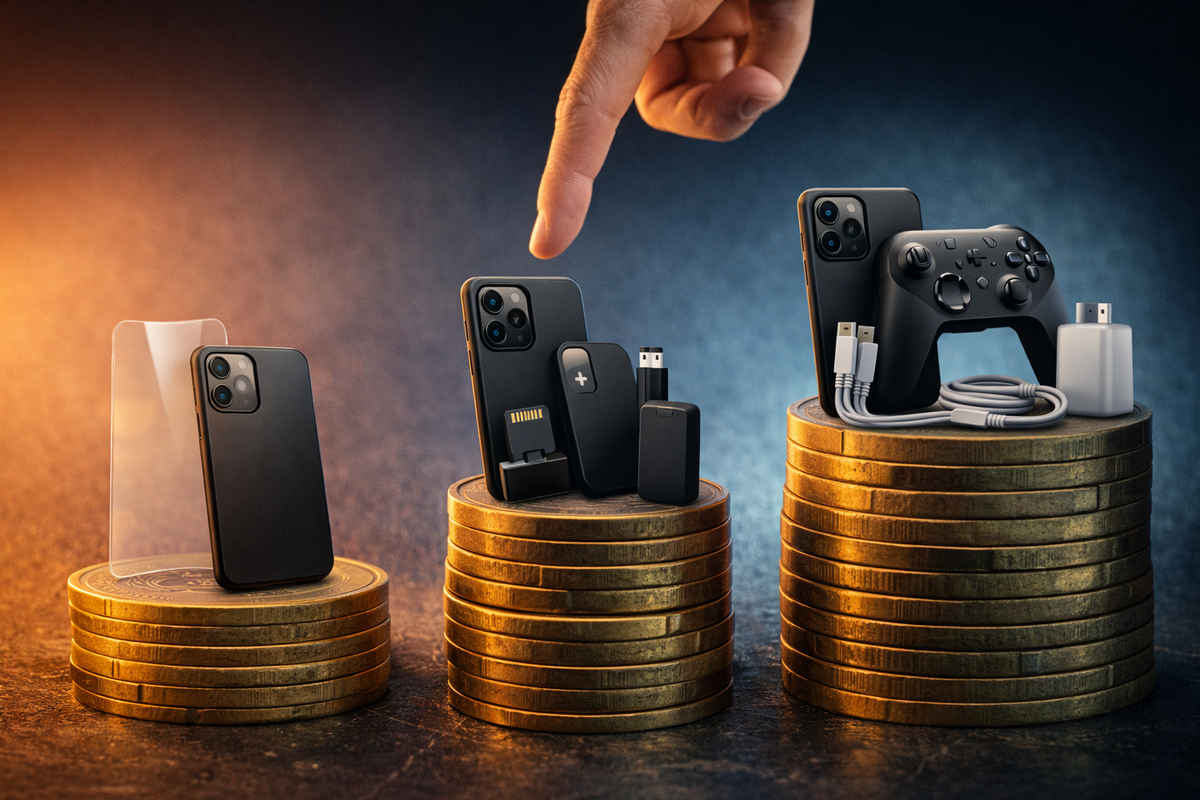 Budget ladder power move—three stacks of coins with gear evolving from bare minimum to fully loaded; a finger about to choose the next tier, thrilling momentum, “upgrade smart or regret later” pressure