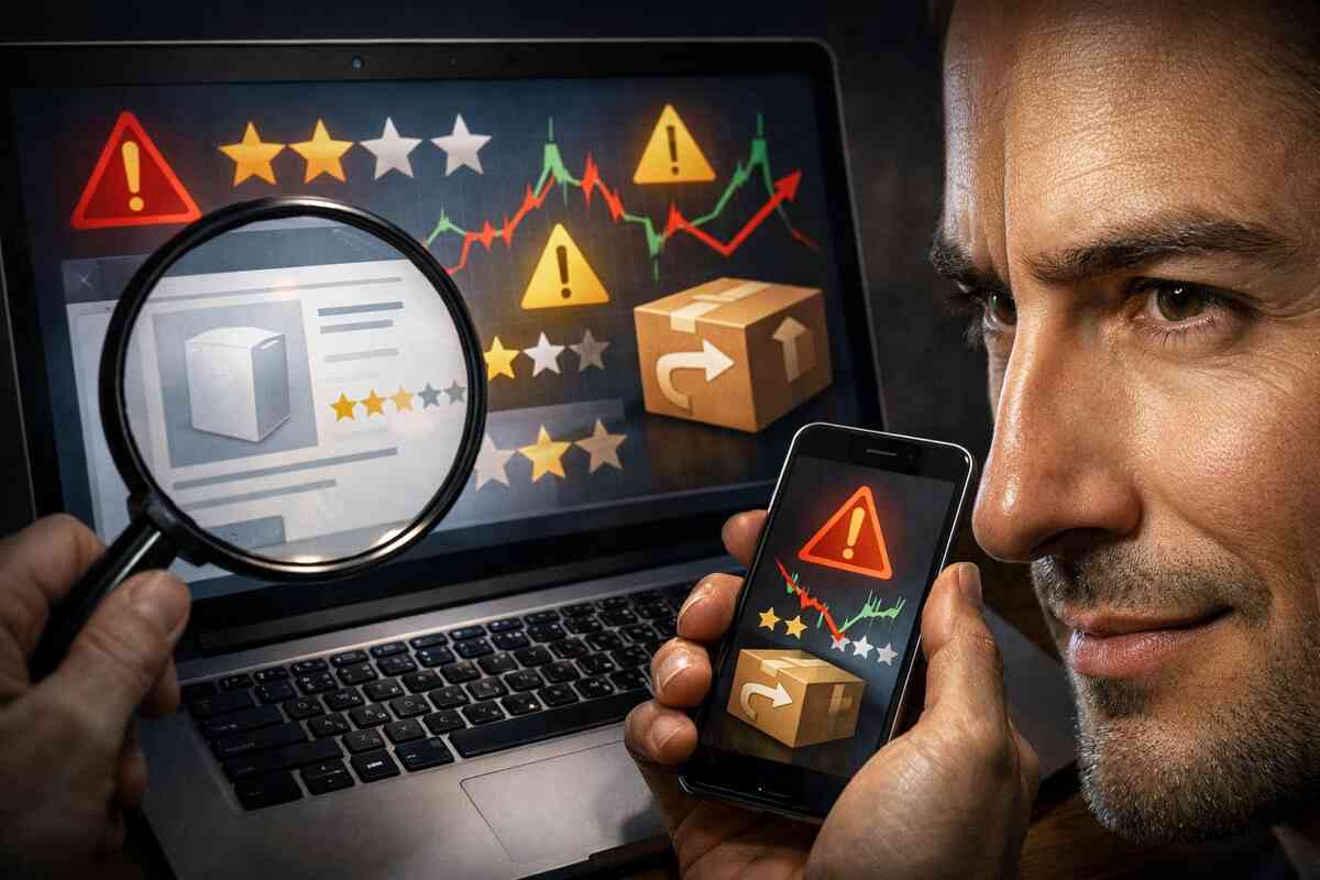 Buyer paranoia mode—magnifying glass over sketchy reviews, warning icons on laptop and phone, suspicious ratings and return anxiety; ruthless skepticism, scam-alert tension, confident “I won’t get fooled” resolve