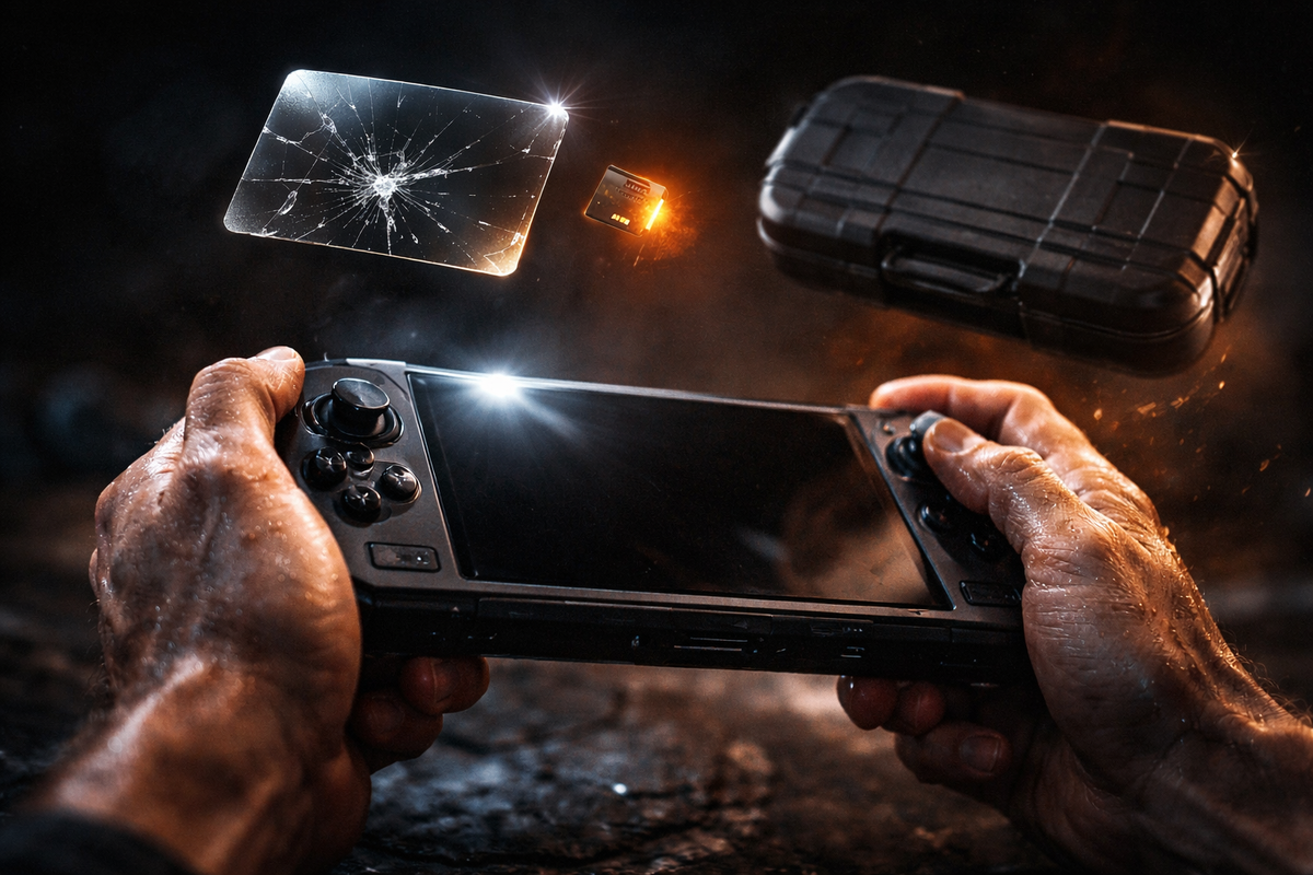 Sweaty hands gripping a next-gen handheld as a cracked glass protector, glowing high-speed memory card, and rugged carry case float like lifesavers—heart-thumping near-miss, protect-it-now urgency