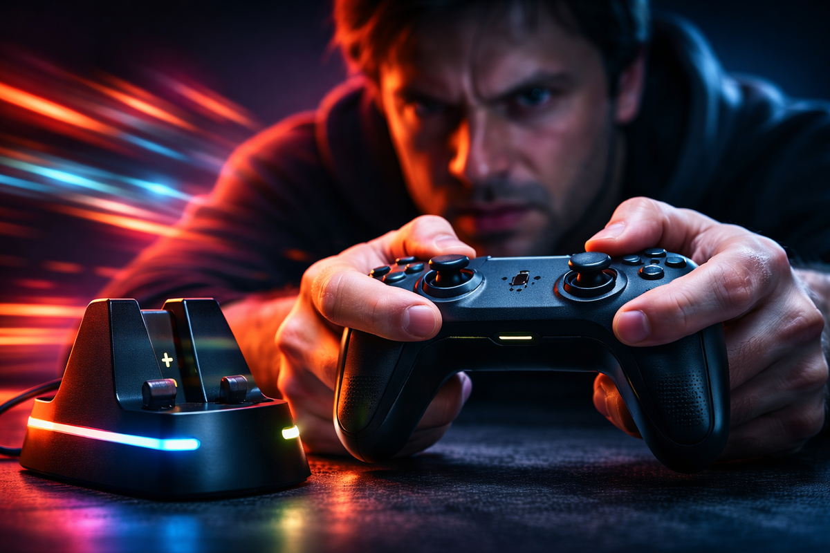Laser-focused gamer clutching a pro-style controller beside a charging grip dock—tunnel-vision intensity, “one more match” obsession, comfort and control hitting like a power-up