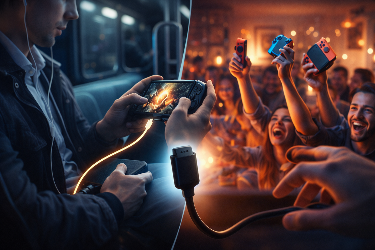 Portable vs party chaos split-scene—commuter gaming while charging on the move, friends screaming with controllers raised, a cable bridging both worlds—pure freedom, FOMO, and nonstop play energy