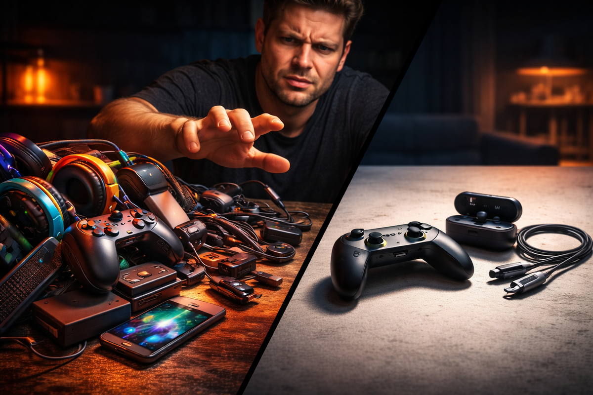 Regret trap vs smart choice—overstuffed gadget pile and tangled cables on one side, clean minimal essentials on the other; a skeptical hand reaching then stopping, “don’t get scammed” clarity