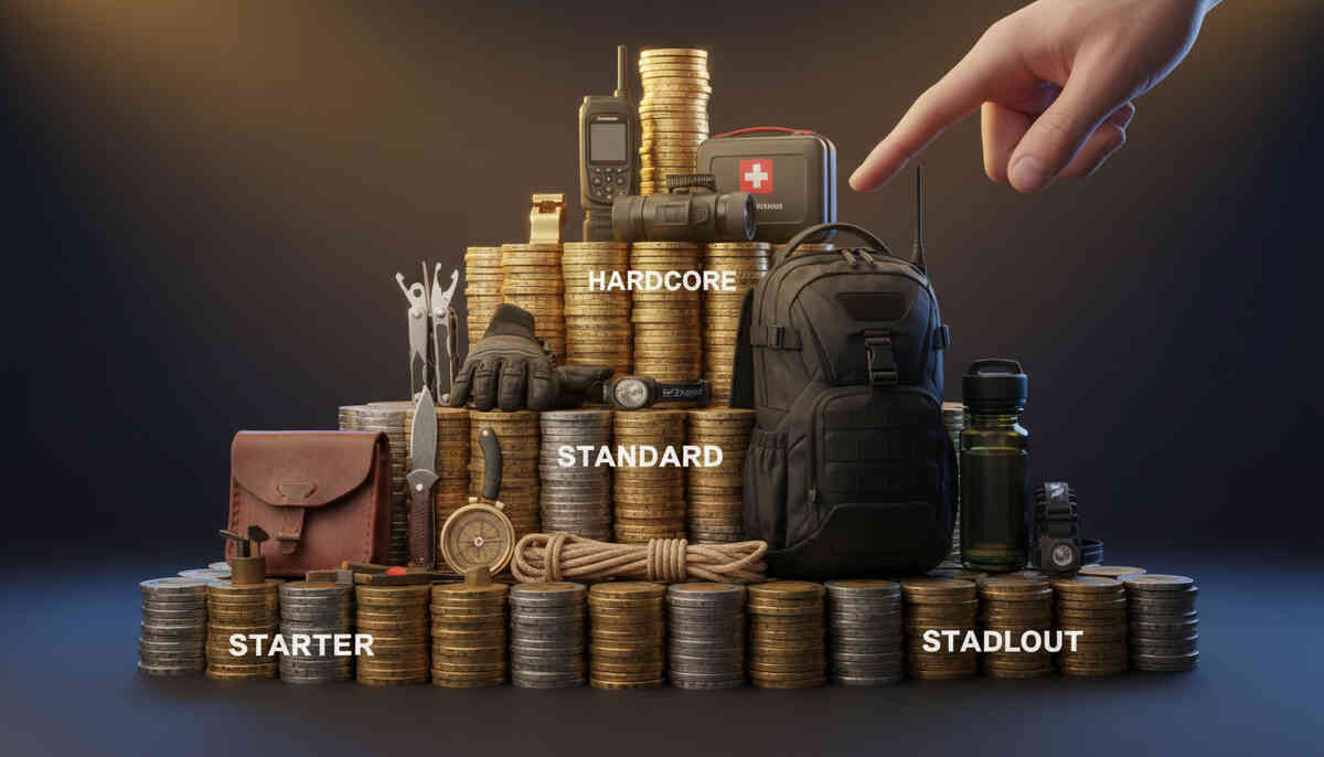 Budget loadout ladder built from coin stacks—starter to hardcore gear tiers with a finger choosing the next upgrade; thrilling commitment, decisive momentum, “spend smart or regret later” pressure
